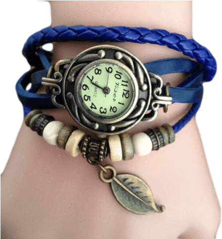 Romira Blue Charm Bracelet & Watch - Women Lady Braided Leather Leaf Bracelet Watch Vintage (480x480), Png Download
