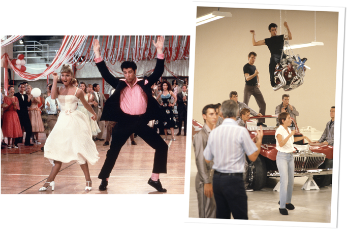 Left, Olivia Newton-john And John Travolta On Set Of - John Travolta Grease (690x460), Png Download