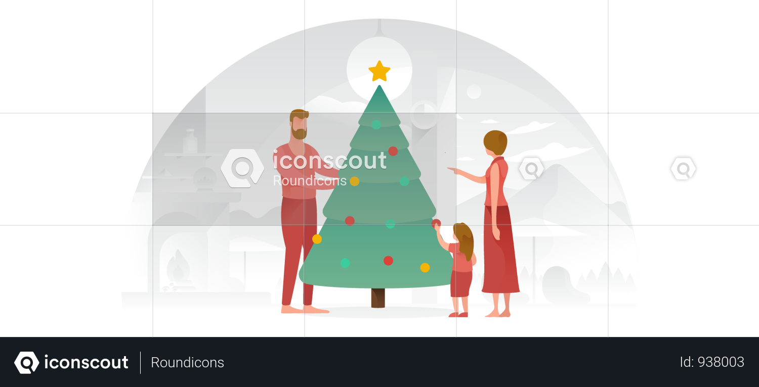 Family Decorating The Christmas Tree Illustration - Christmas Tree (1500x766), Png Download