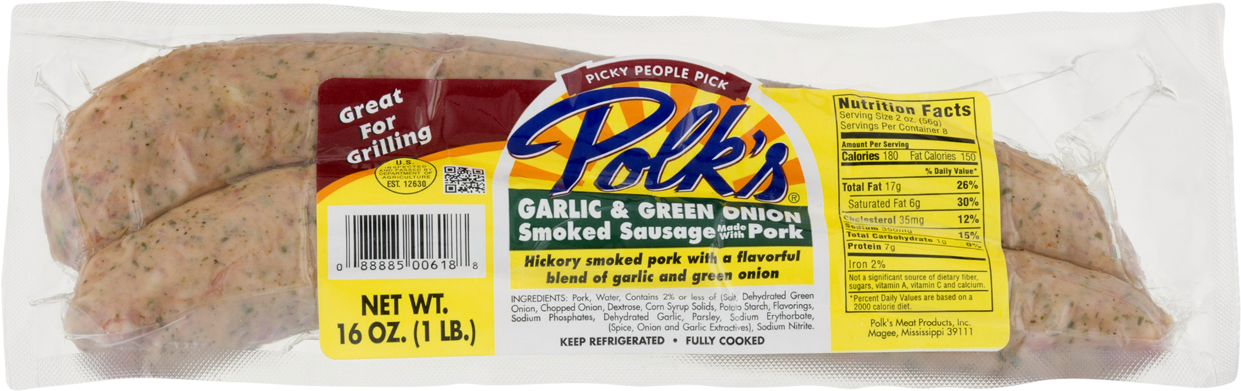 Polk's Original Smoked Sausage 16 Oz. Pack (1800x1800), Png Download