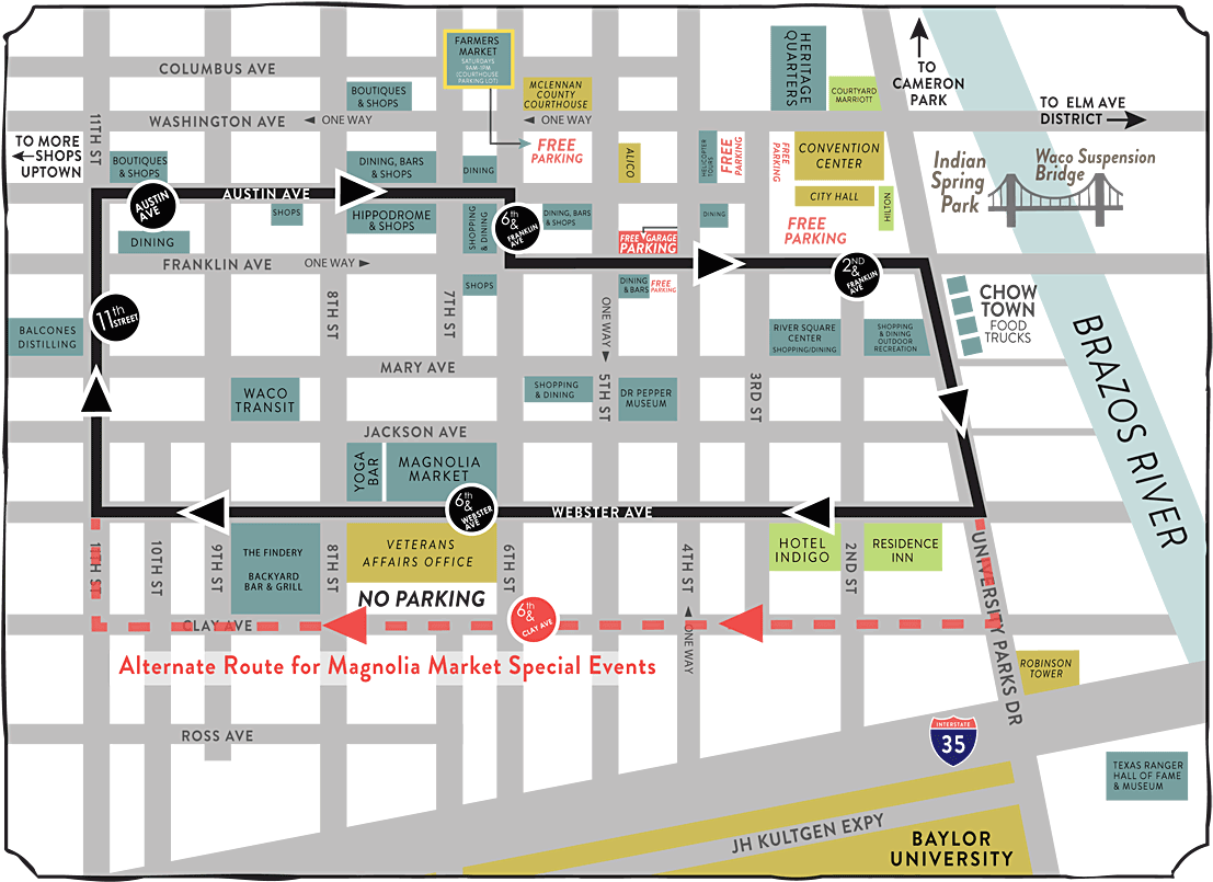 Click Here To Look At A Map With More Free Parking - Magnolia Market Silos Map (1132x812), Png Download