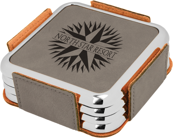 Square Gray Leatherette With Silver Edge 4-coaster - Leather Corporate Gift Items (600x478), Png Download