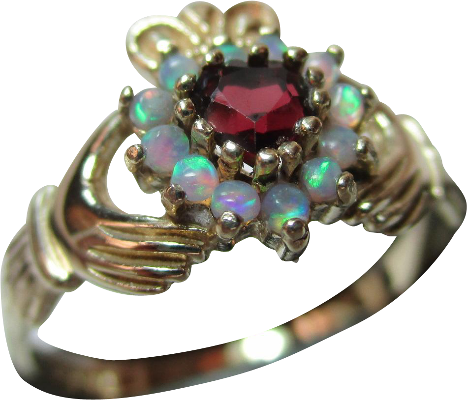 Pretty Vintage 9ct Solid Gold Opal Garnet Heart Shaped - Opal Claddagh Ring (948x948), Png Download