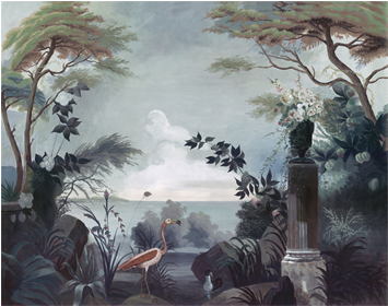 “le Jardin Au Flamant Rose” Wallpaper - Technique A La Zuber Gris Coloré Panoramique Foret (412x412), Png Download