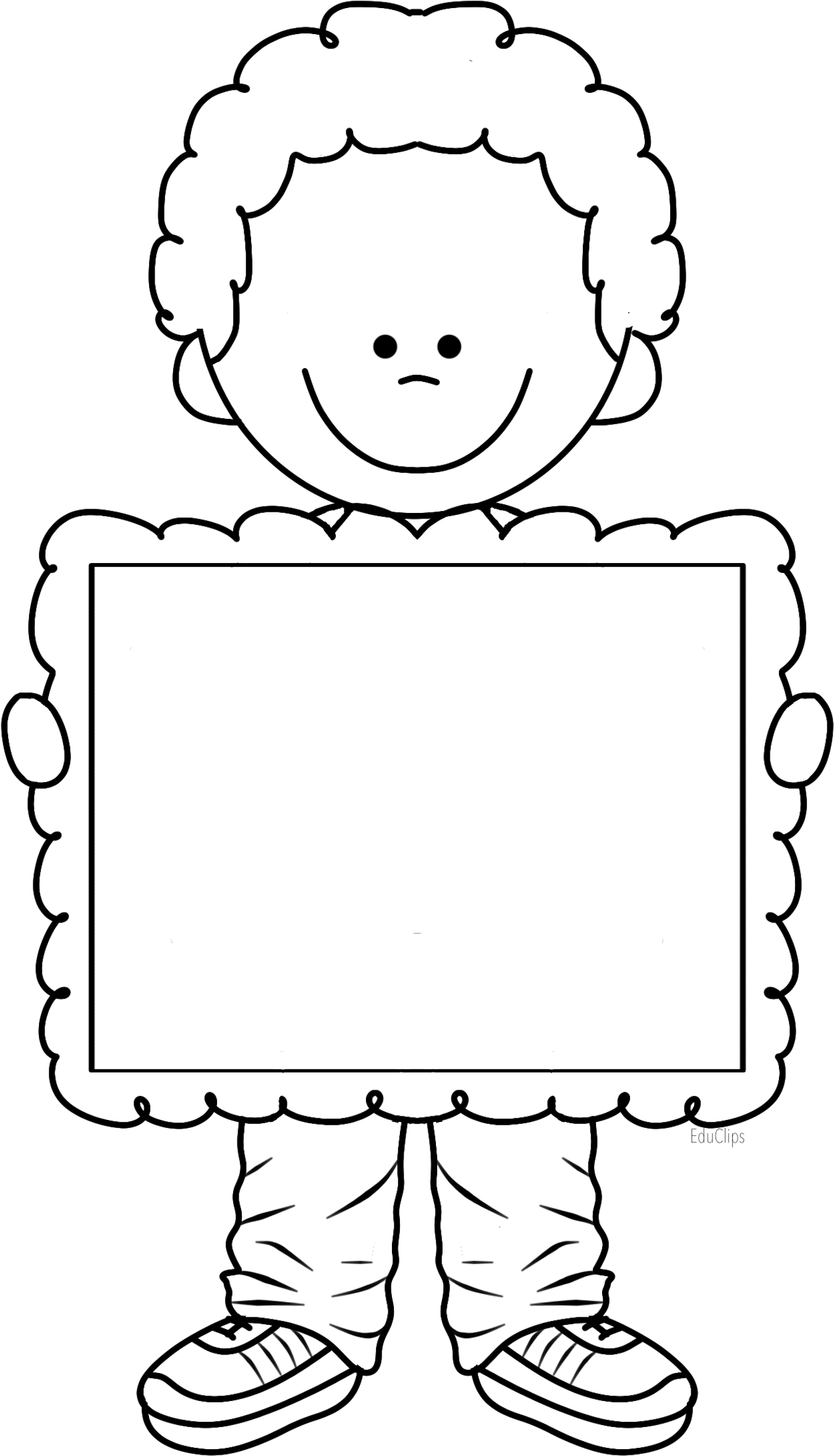 Cute Boy Holding Frame, There's Space To Write Title - Cute Kid Clipart Black And White (1376x2400), Png Download