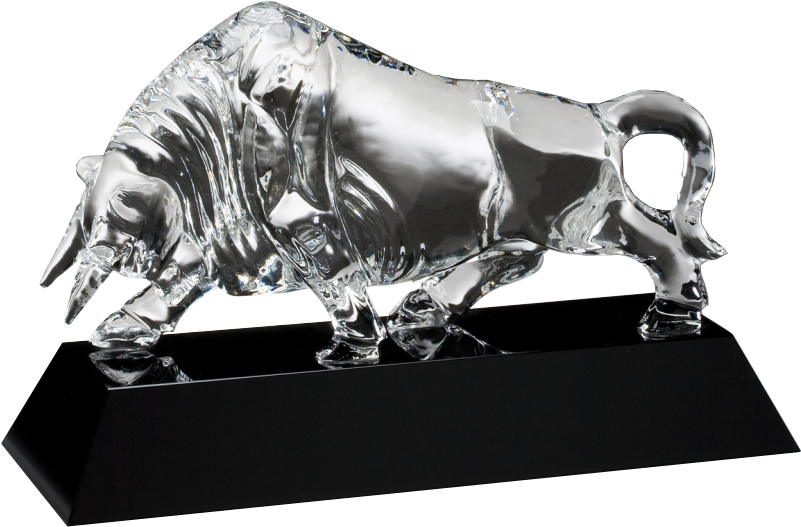 Charging Bull Optical Crystal On Black Base - Custom Large Crystal Bull Award With Black Base, 13" (980x800), Png Download