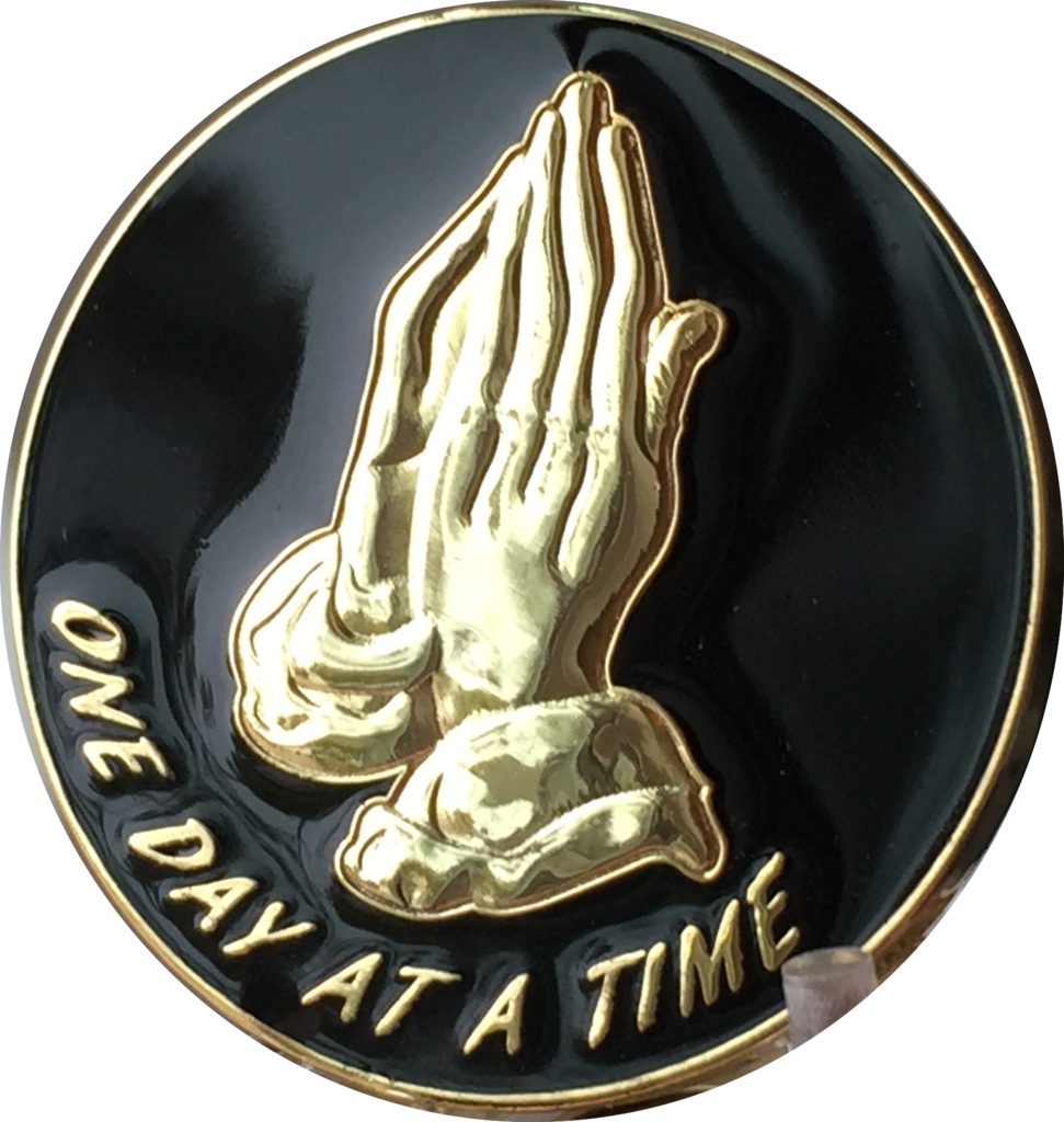 Praying Hands Black & Gold Plated One Day At A Time - Praying Hands One Day At A Time Black Gold Plated Medallion (971x1024), Png Download