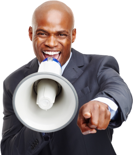 Guy With Megaphone - Black Man With Megaphone (578x567), Png Download