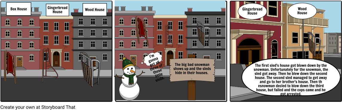 Three Little Sleds And Big Bad Snowman - Cartoon (1164x385), Png Download
