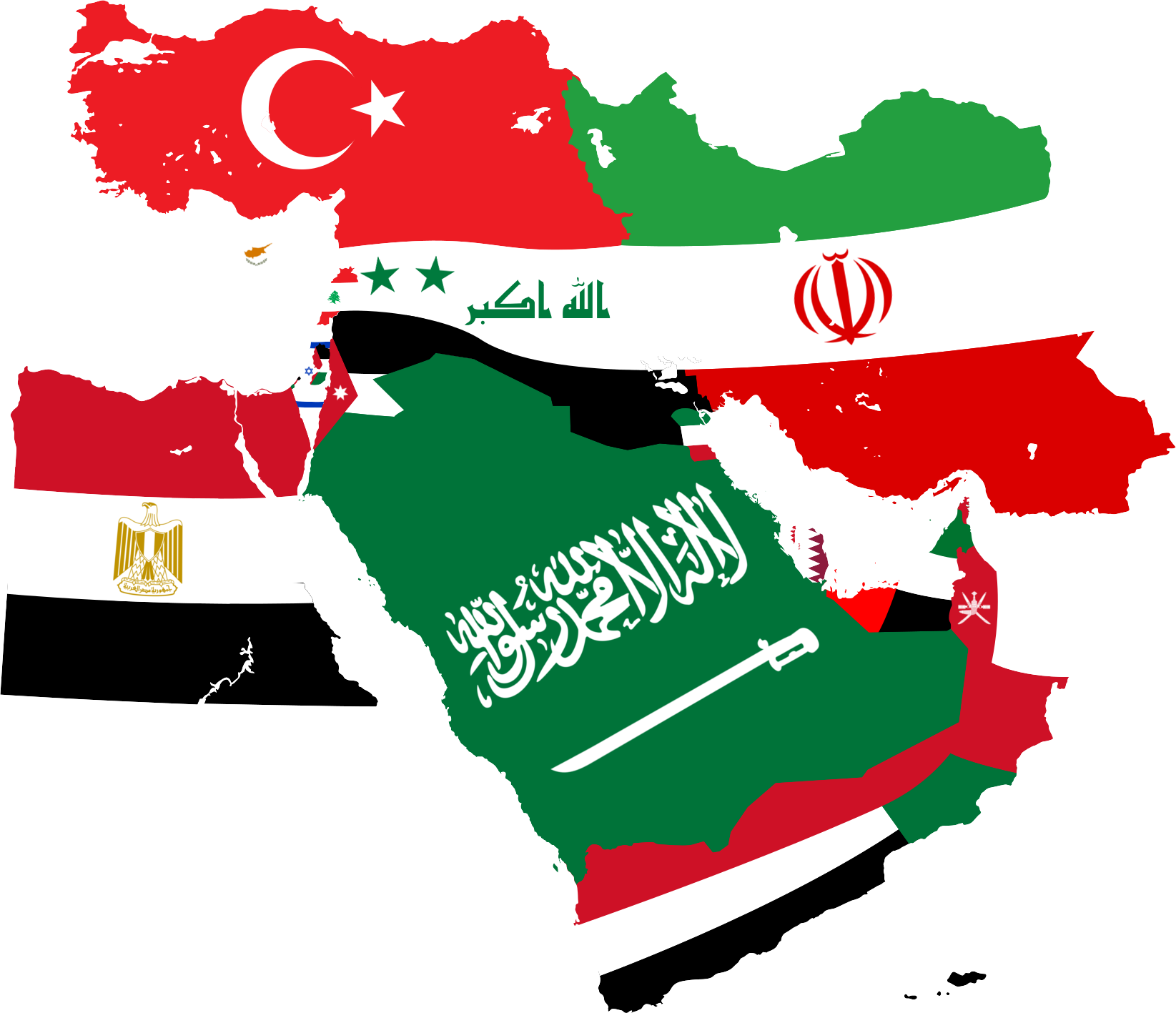 Map Flag Clipart Music - Middle East Map With Flags (1645x1417), Png Download
