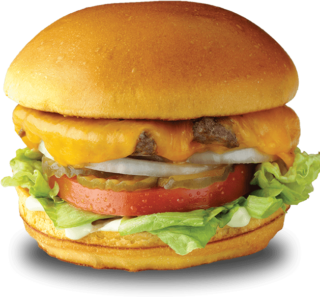 James Cheeseburger - Burger With Lettuce Tomato And Onion (643x588), Png Download