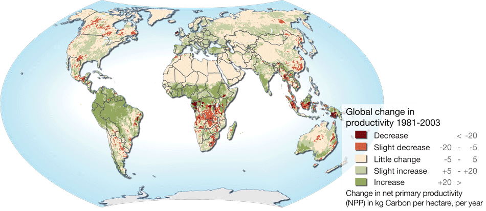 World Map Of Changes In Land Primary Productivity 1981-2003 - Map Of Land Degradation (950x413), Png Download
