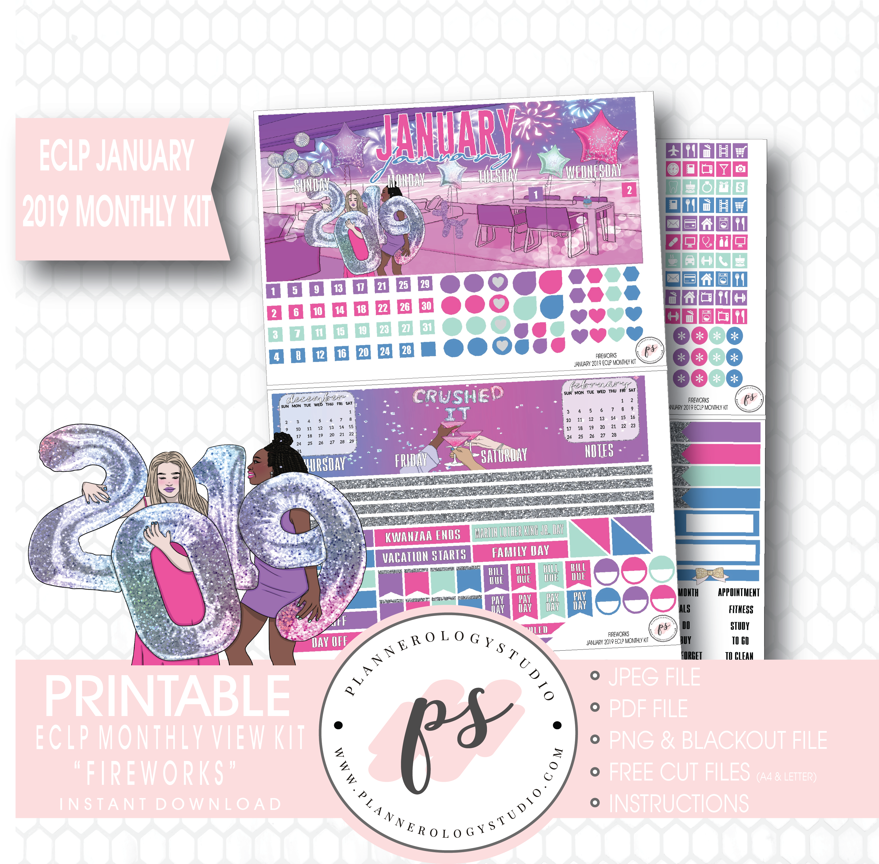 Fireworks New Years January 2019 Monthly View Kit Digital - Craft (3067x3000), Png Download