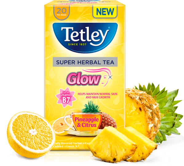 Glow Pineapple And Citrus With Vitamin B7 - Tetley Super Fruits Tea Mind Exotic Fruits (635x570), Png Download