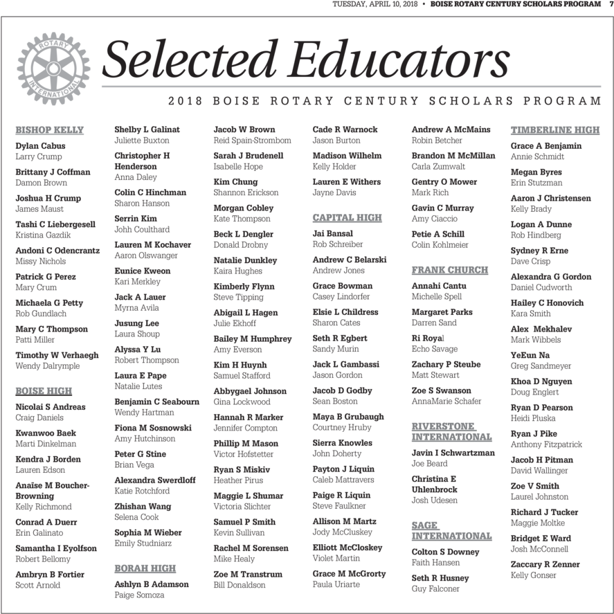 Tuesday, April 10, 2018 Boise Rotary Century Scholars - Rotary International (960x960), Png Download