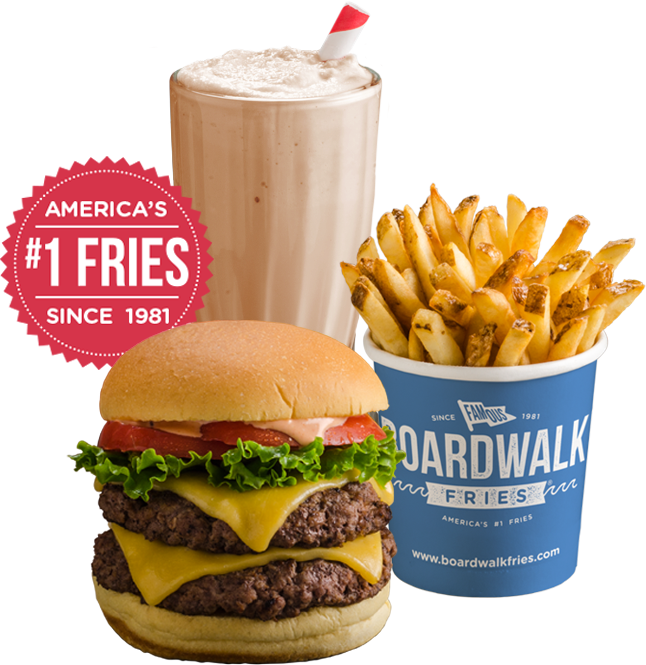 French Fries, Hamburger, And A Milkshake - Boardwalk Fresh Burgers & Fries (646x665), Png Download