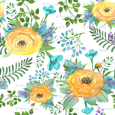 Tk-watercolor Yellow Teal Roses Berries - Flower Fabric - Tk-watercolor Yellow Roses Purple Flowers (400x400), Png Download