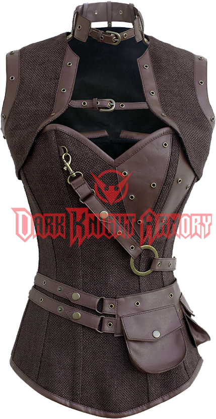Steampunk Jute Overbust Corset With Detachable Belt - Corset Brown Steampunk With Bolero And Belt (850x850), Png Download