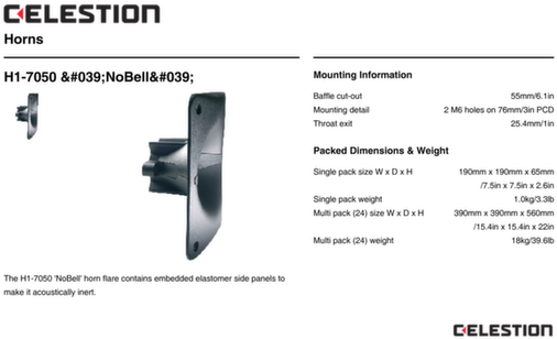 P A T5134 Specification Sheet - Celestion H1-7050 - 1" 'nobell' Aluminium Horn (526x1000), Png Download