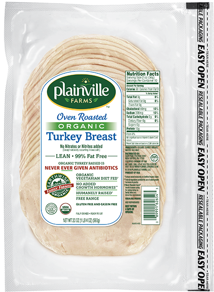Pre-sliced Organic Oven Roasted Turkey - Plainville Farms Organic Turkey Breast, Oven Roasted (600x600), Png Download
