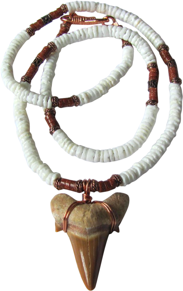 Large Sharks Tooth On White Shell Necklace With Goldstone - Shell Necklace (996x996), Png Download