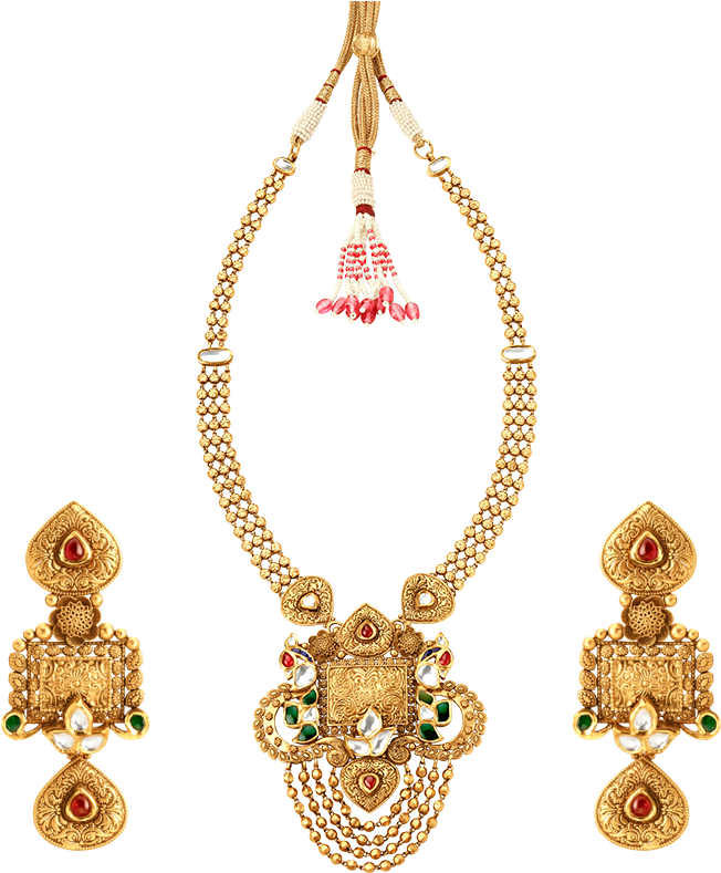 Tanishq Rivaah Glass Kundan Gold Neckwear Set Jewellery - Necklace Gold Earrings For Women Tanishq (1090x904), Png Download