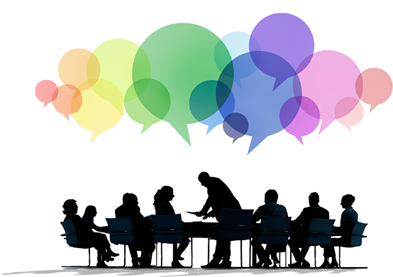 Group Of People With Creative Speech Bubbles - Panel Discussion Clipart (600x401), Png Download