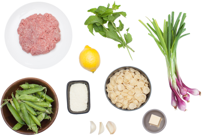 Lamb, Mint & Pea Orecchiette With Purple Spring Onions - Food (700x477), Png Download