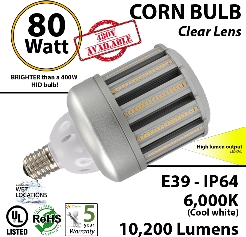 80w Led Corn Cob Light Bulb 10200 Lumens 350 Watt Replacement - 300 Watt Incandescent Led Replacement (800x803), Png Download