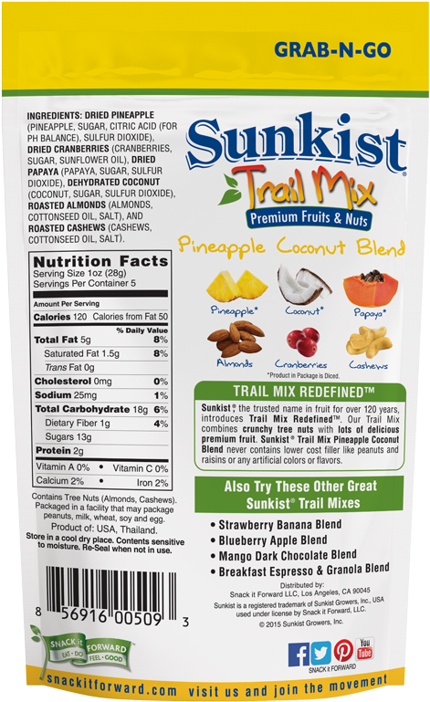Sunkist Pineapple Coconut Premium Fruit & Nut Trail - Sunkist Trail Mix, Strawberry Banana Blend - 5 Oz (1000x826), Png Download