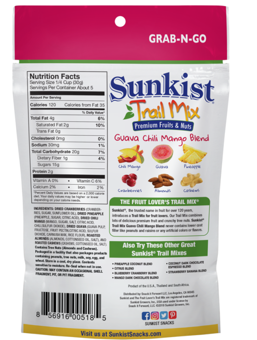 Trailmix Guava Chili 5oz Pouch Back Rgb - Sunkist Trail Mix, Blueberry Apple Blend - 5 Oz (800x712), Png Download