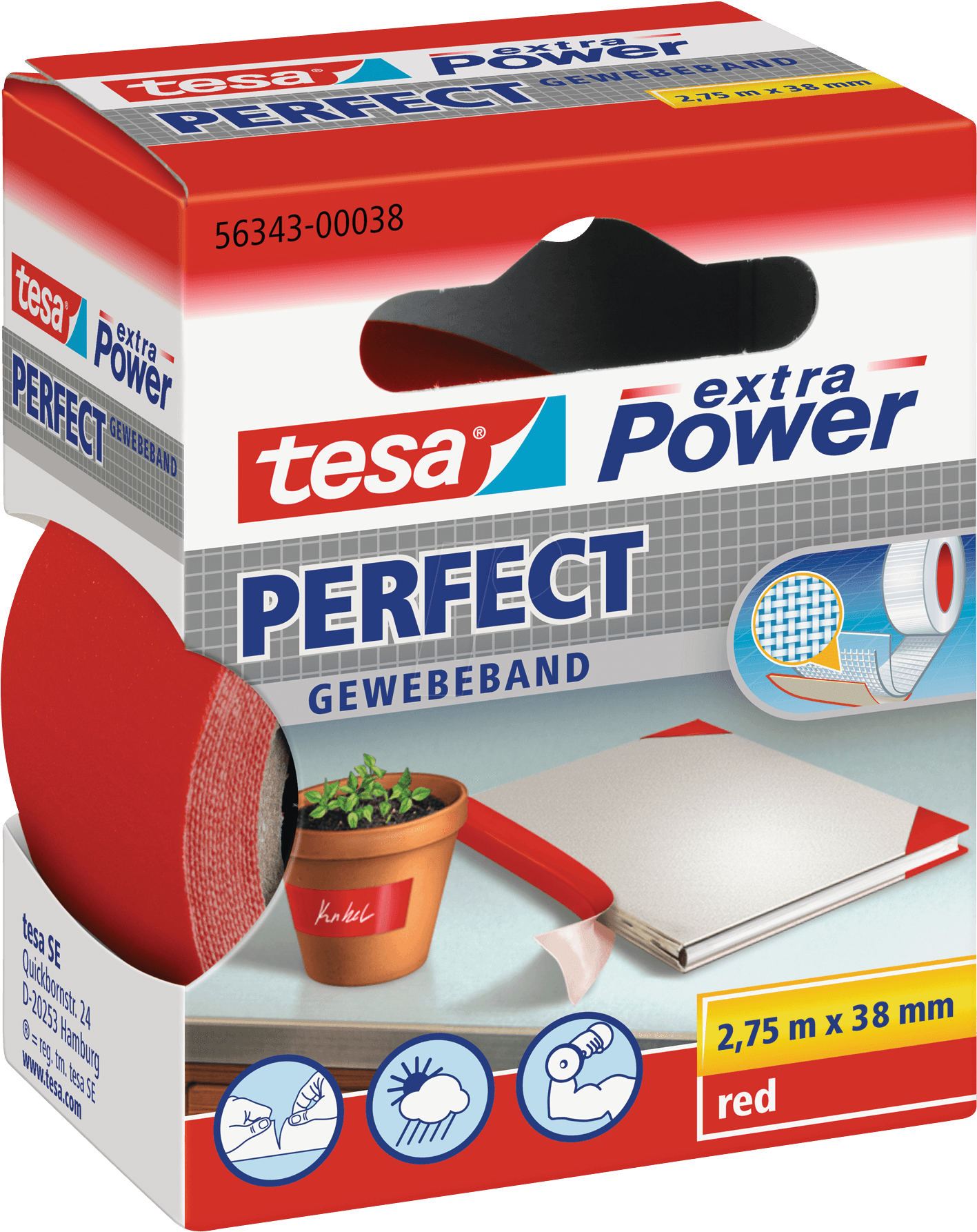 Tesa Extra Power Cloth Tape, 38 Mm, Red Tesa 56343 - Cloth Tape Tesa Red (l X W) 2.75 M X 38 Mm Natura (1452x1800), Png Download