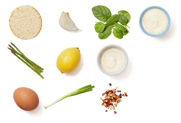 Baked Spinach & Egg Flatbreads With Sautéed Asparagus - Dairy (700x477), Png Download