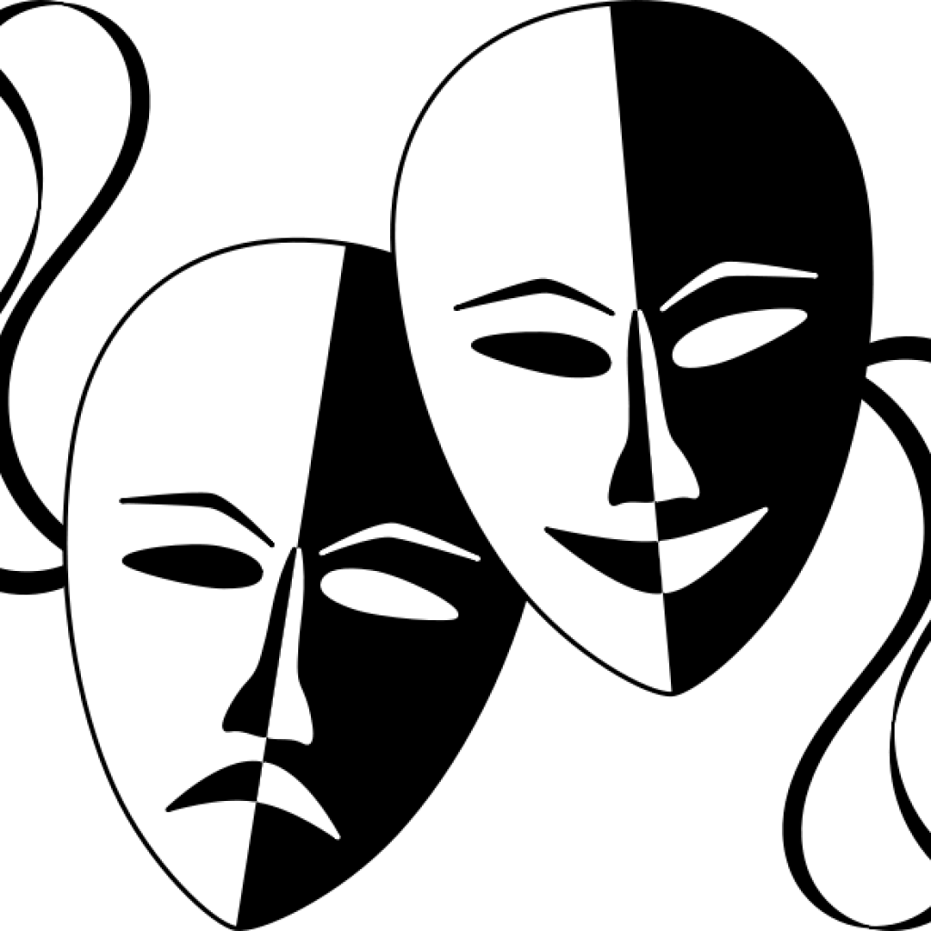 Theater Mask Clip Art Free Clipart Theatre Masks Wasat - Drama Mask Black And White (1024x1024), Png Download