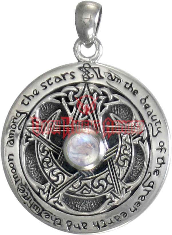 Inscribed Silver Crescent Moon Pentacle Pendant With (850x850), Png Download