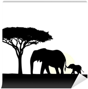 African Elephant With Baby Silhouette Wall Mural • - Free Baby Elephant Silhouette Vector (400x400), Png Download