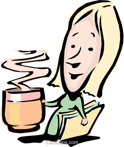 Cartoon Woman With A Cup Of Coffee Royalty Free Vector - Woman Drinking Coffee Clipart Png (407x480), Png Download