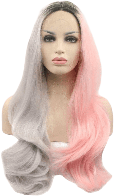 Pink & Grey Split Long Lace Front Wig - Xiweiya Long Natural Wavy Short Dark Root Ombre Pink (700x700), Png Download