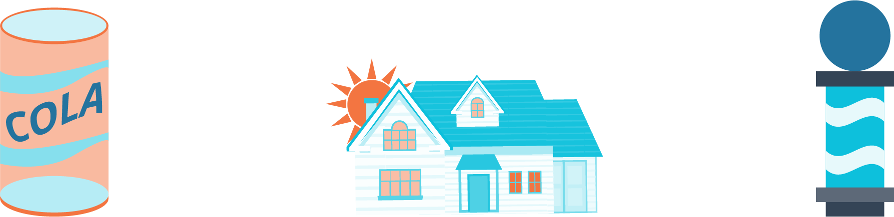 An Illustration Shows A Can Of Cola, A House, And A - House (1789x435), Png Download