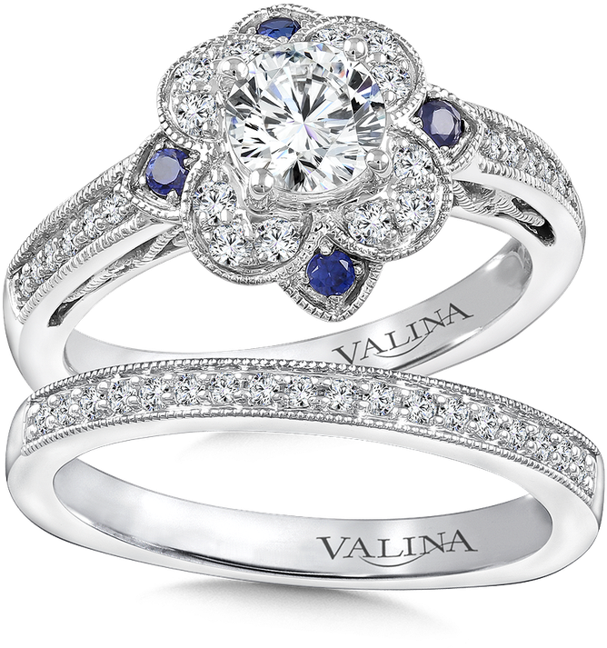Valina Diamond & Blue Sapphire Halo Engagement Ring - Valina 14k White Gold Engagement Ring Mounting | Diamond (800x800), Png Download