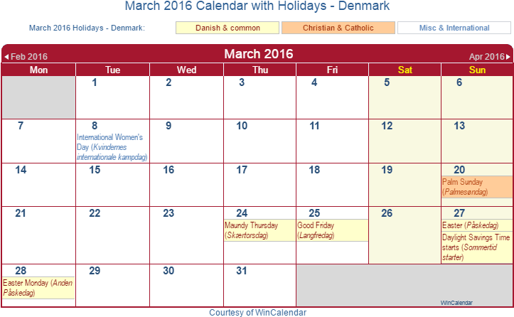 March 2016 Calendar With Dnk Holidays - Calendar 2019 Denmark (728x457), Png Download