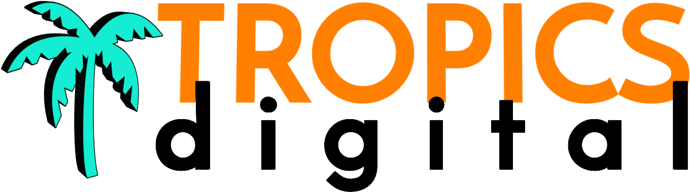 Tropics Letters In Orange Above Digital Letters In - Graphic Design (1388x384), Png Download