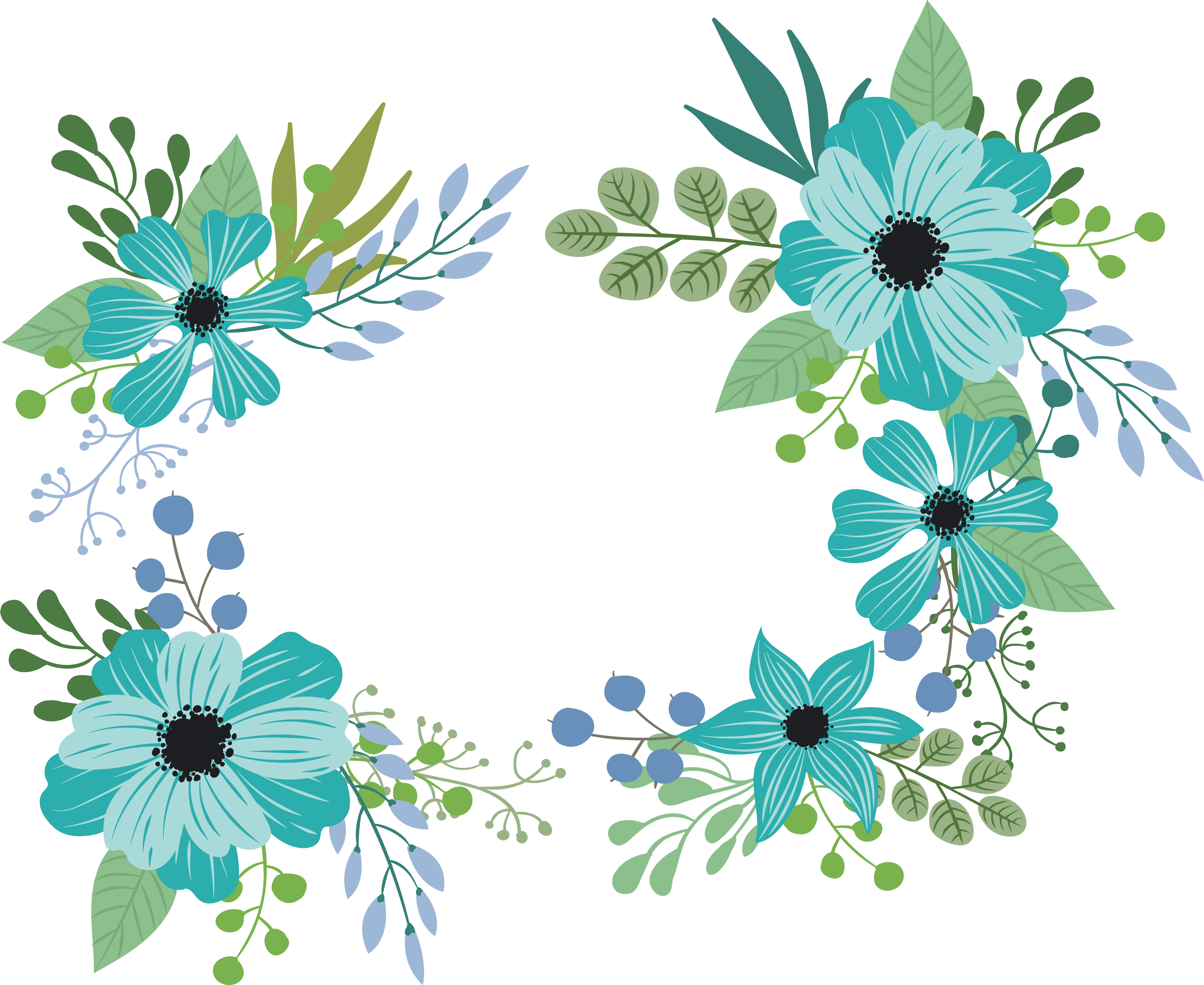 Floral Design Green Romantic - Blue Green Flower Png (3679x3011), Png Download