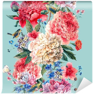 Vintage Floral Seamless Watercolor Peonies Border Wall - Women's Floral T Shirt (400x400), Png Download