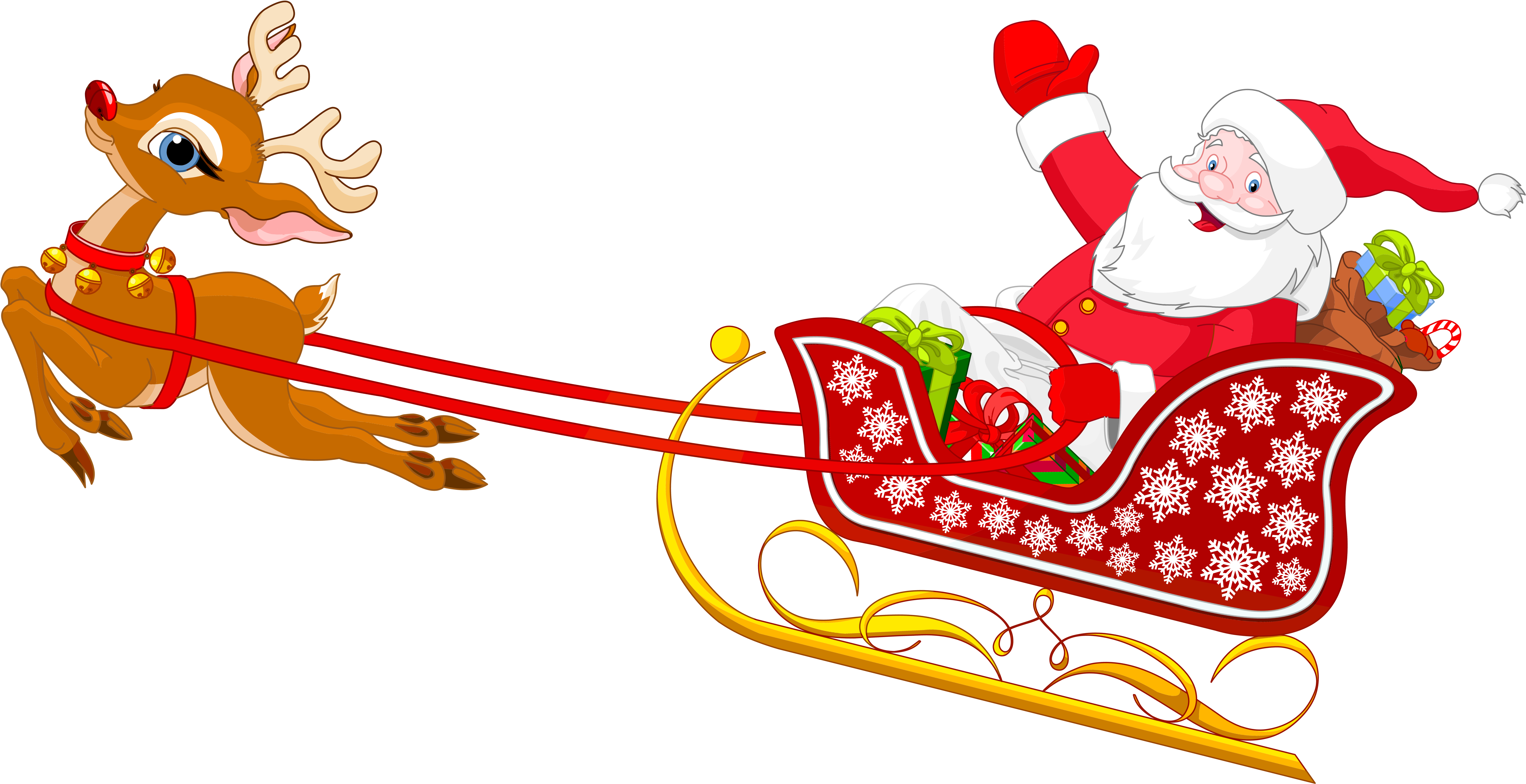 Santa And Reindeer With Sled Png Clipart - Santa Claus Sleigh Cartoon (6337x3579), Png Download