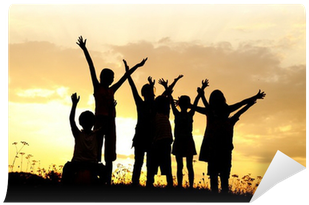 Silhouette, Group Of Happy Children Playing On Meadow, - Silhouette (400x400), Png Download