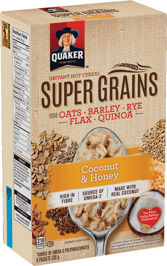 Quaker® Super Grains Coconut & Honey Instant Hot Cereal - Quaker Super Grains Apples & Cinnamon Instant Oatmeal (566x890), Png Download