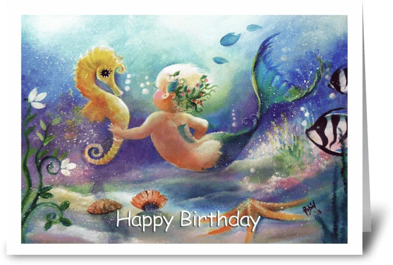 Baby Mermaid, Happy Birthday Greeting Card - Baby Mermaid Painting (848x698), Png Download