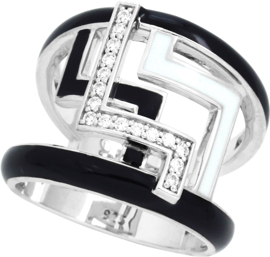 Sterling Silver Italian Enamel Convergance Black And - Silver (908x865), Png Download