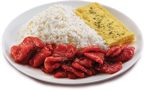 Juicy, Savory Tocino Cooked Eggsquisitely With Scrambled - Steamed Rice (555x358), Png Download